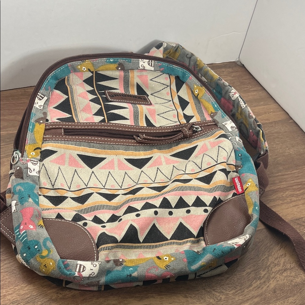 UNIONBAY Multicolor Tribal Print Canvas Backpack with Brown Trim cats kitties